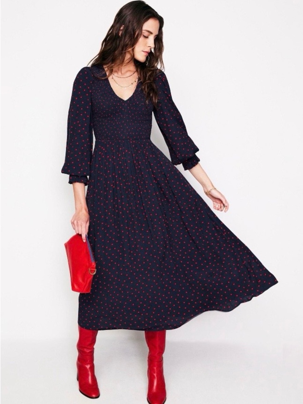 NEW Boden Gemma Polka Dot Navy Red Smocked V Neck Midi Dress size 2